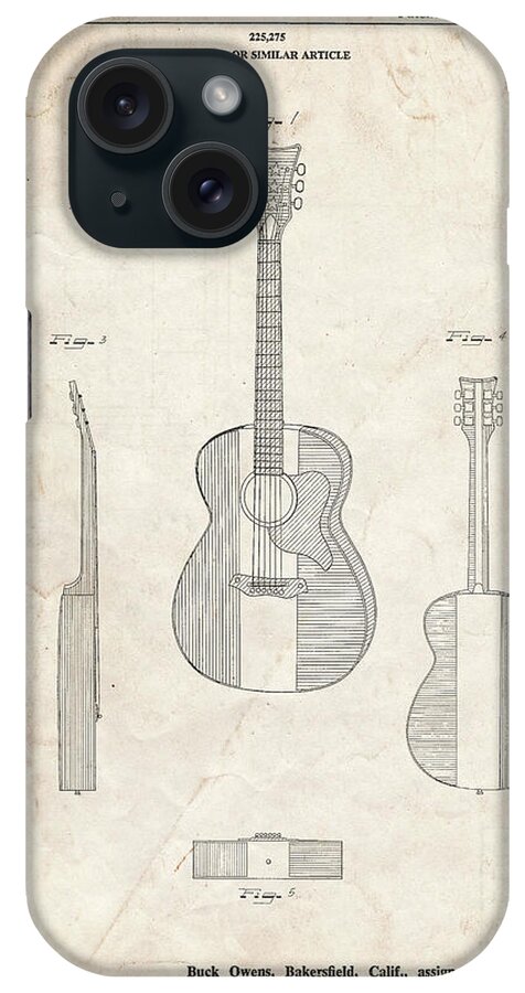 Pp306-vintage Parchment Buck Owens American Guitar Patent Poster iPhone Case featuring the digital art Pp306-vintage Parchment Buck Owens American Guitar Patent Poster by Cole Borders