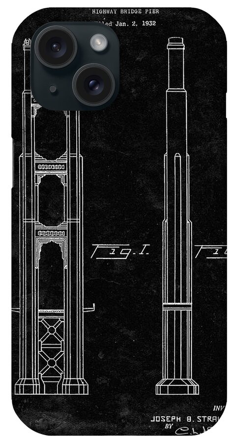 Pp321-black Grunge Golden Gate Bridge Main Tower Patent Poster iPhone Case featuring the digital art Pp321-black Grunge Golden Gate Bridge Main Tower Patent Poster by Cole Borders