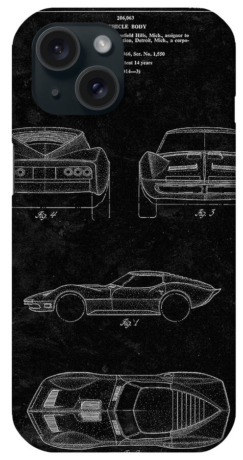 Pp339-black Grunge 1966 Corvette Mako Shark Ii Patent Poster iPhone Case featuring the digital art Pp339-black Grunge 1966 Corvette Mako Shark II Patent Poster by Cole Borders