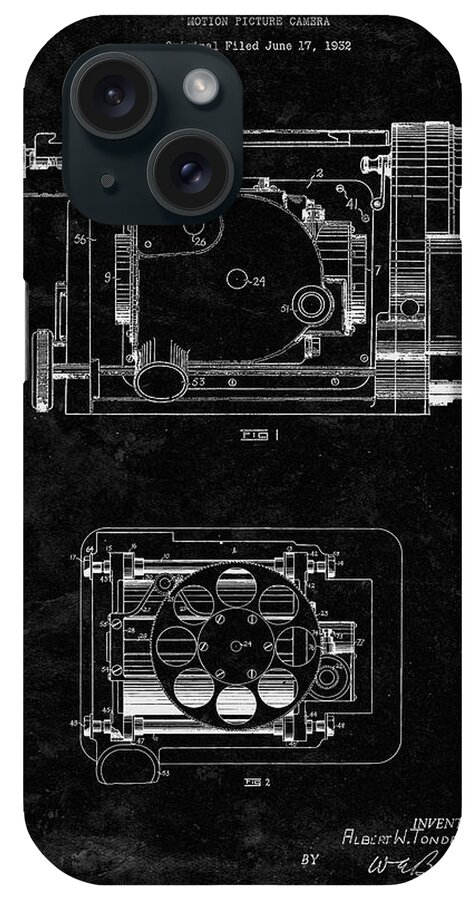 Pp390-black Grunge Motion Picture Camera 1932 Patent Poster iPhone Case featuring the digital art Pp390-black Grunge Motion Picture Camera 1932 Patent Poster by Cole Borders