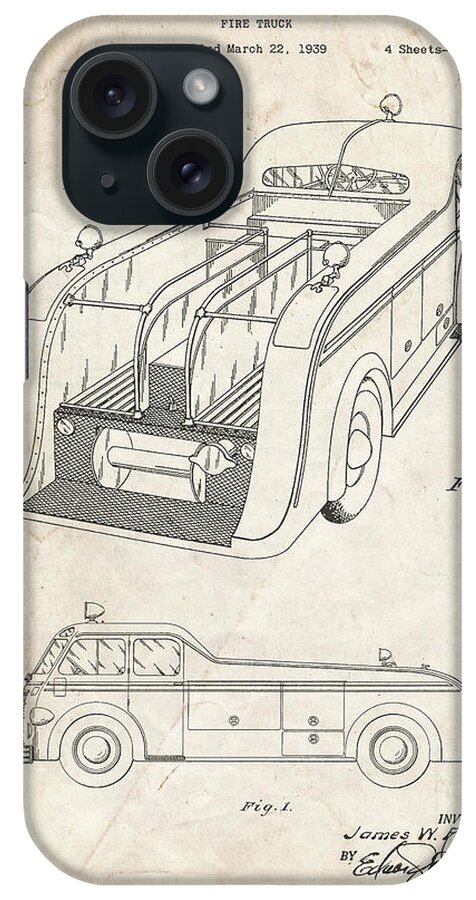 Pp462-vintage Parchment Firetruck 1939 Two Image Patent Poster iPhone Case featuring the digital art Pp462-vintage Parchment Firetruck 1939 Two Image Patent Poster by Cole Borders