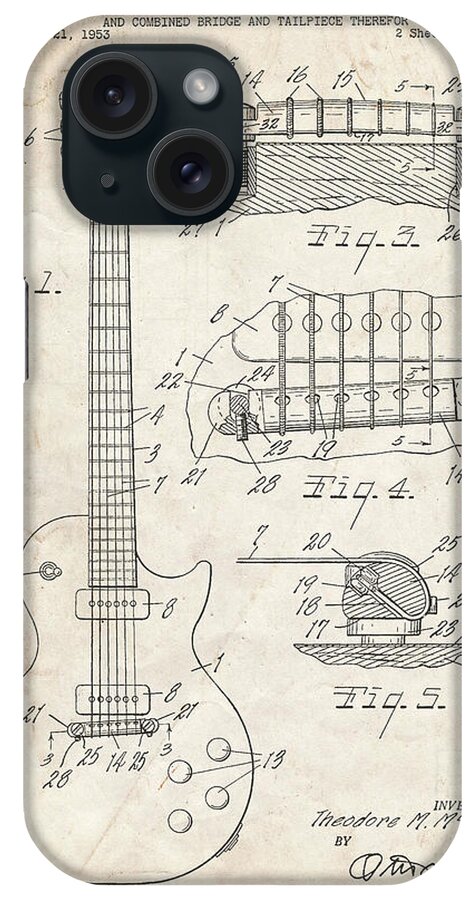 Pp47-vintage Parchment Gibson Les Paul Guitar Patent Poster iPhone Case featuring the digital art Pp47-vintage Parchment Gibson Les Paul Guitar Patent Poster by Cole Borders