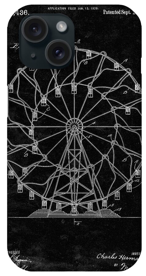 Pp615-black Grunge Ferris Wheel 1920 Patent Poster iPhone Case featuring the digital art Pp615-black Grunge Ferris Wheel 1920 Patent Poster by Cole Borders