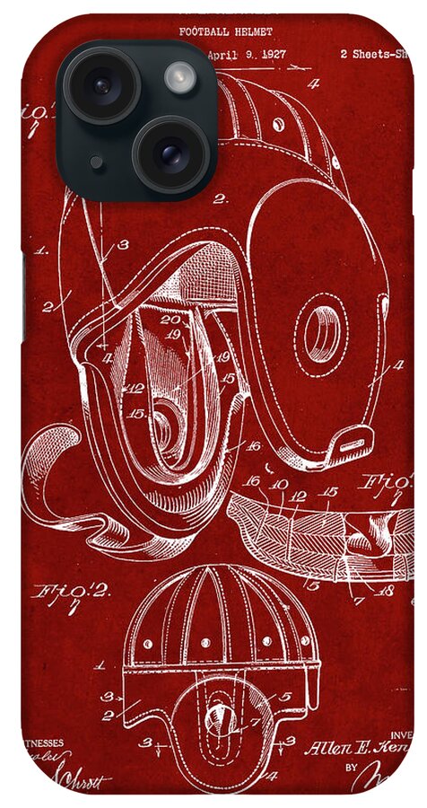Pp73-burgundy Football Leather Helmet 1927 Patent Poster iPhone Case featuring the digital art Pp73-burgundy Football Leather Helmet 1927 Patent Poster by Cole Borders
