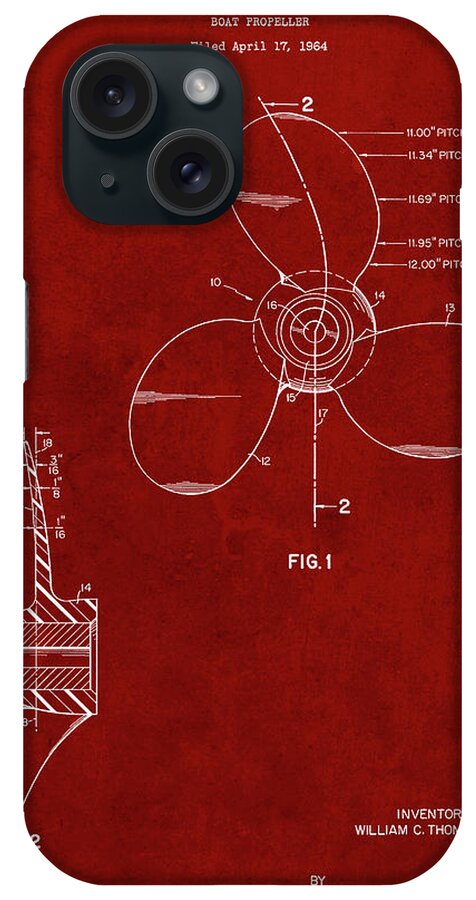 Pp746-burgundy Boat Propeller 1964 Patent Poster iPhone Case featuring the digital art Pp746-burgundy Boat Propeller 1964 Patent Poster by Cole Borders