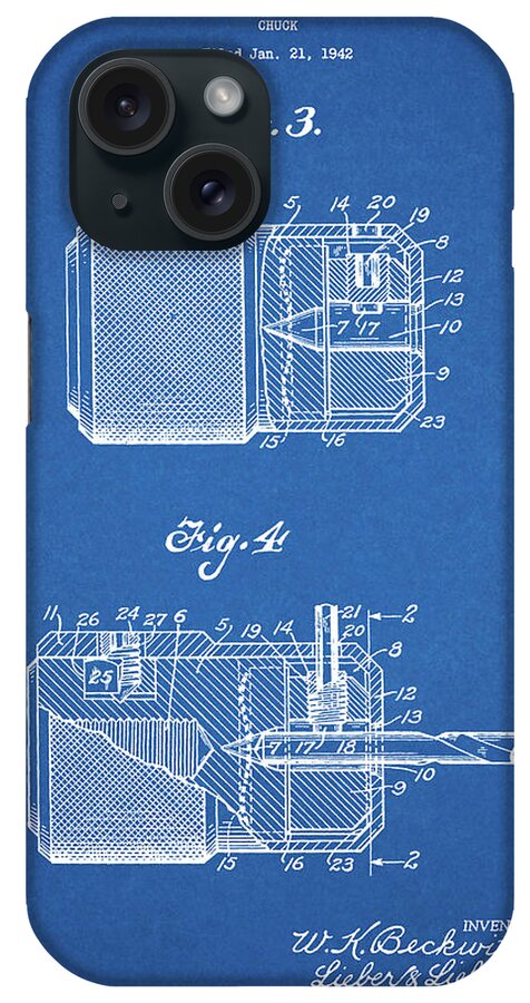 Pp787-blueprint Drill Chuck 1943 Patent Poster iPhone Case featuring the digital art Pp787-blueprint Drill Chuck 1943 Patent Poster by Cole Borders