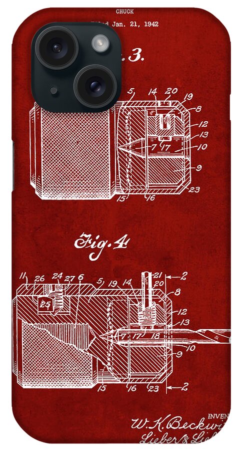 Pp787-burgundy Drill Chuck 1943 Patent Poster iPhone Case featuring the digital art Pp787-burgundy Drill Chuck 1943 Patent Poster by Cole Borders