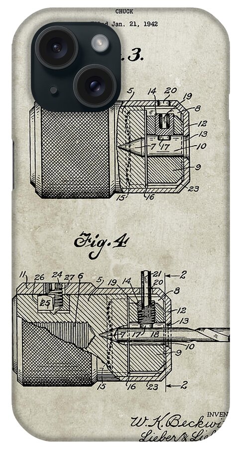 Pp787-sandstone Drill Chuck 1943 Patent Poster iPhone Case featuring the digital art Pp787-sandstone Drill Chuck 1943 Patent Poster by Cole Borders