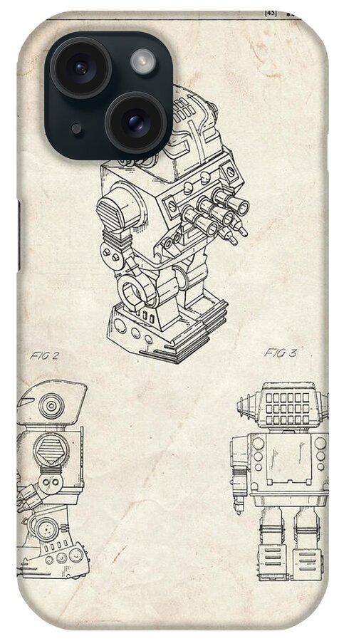 Pp790-vintage Parchment Dynamic Fighter Toy Robot 1982 Patent Poster iPhone Case featuring the digital art Pp790-vintage Parchment Dynamic Fighter Toy Robot 1982 Patent Poster by Cole Borders