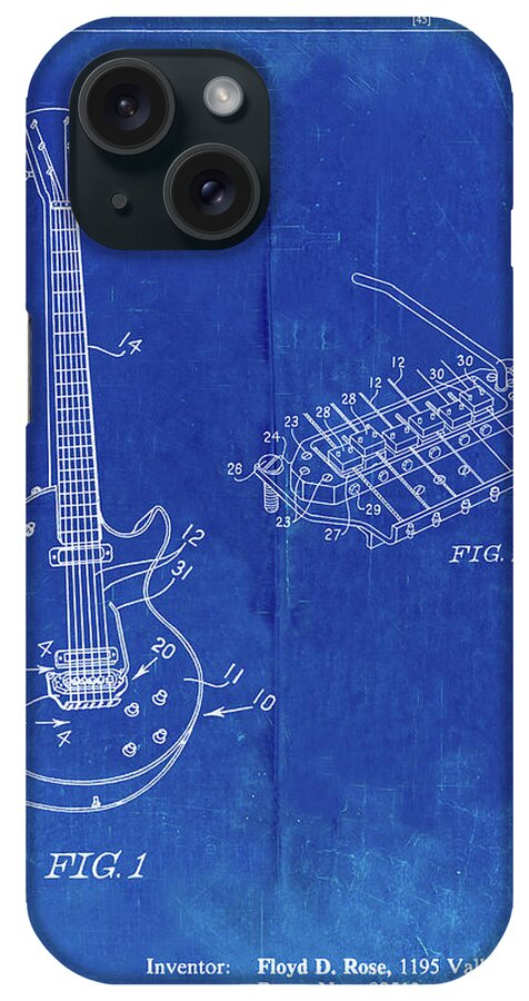 Pp818-faded Blueprint Floyd Rose Guitar Tremolo Patent Poster iPhone Case featuring the digital art Pp818-faded Blueprint Floyd Rose Guitar Tremolo Patent Poster by Cole Borders