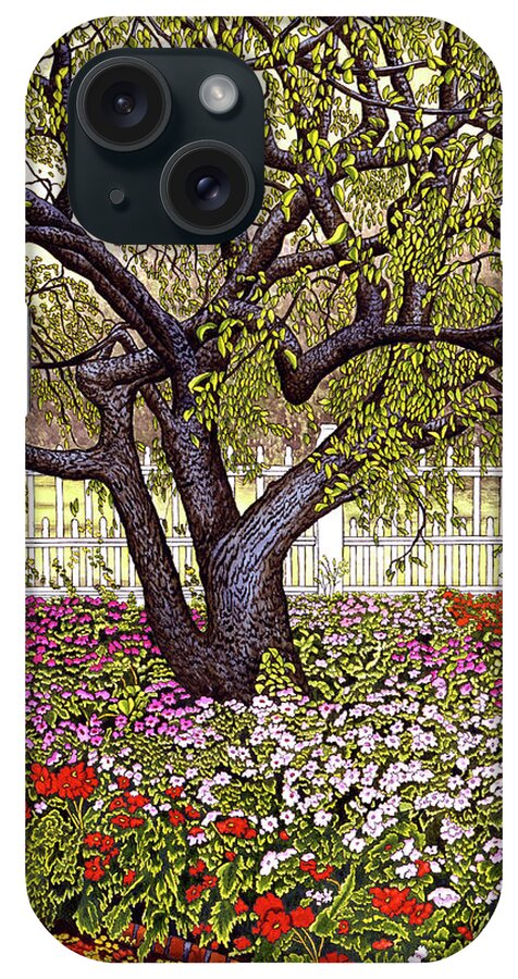 Willow Tree With Flowers All Around It iPhone Case featuring the painting Prescott Gardens by Thelma Winter