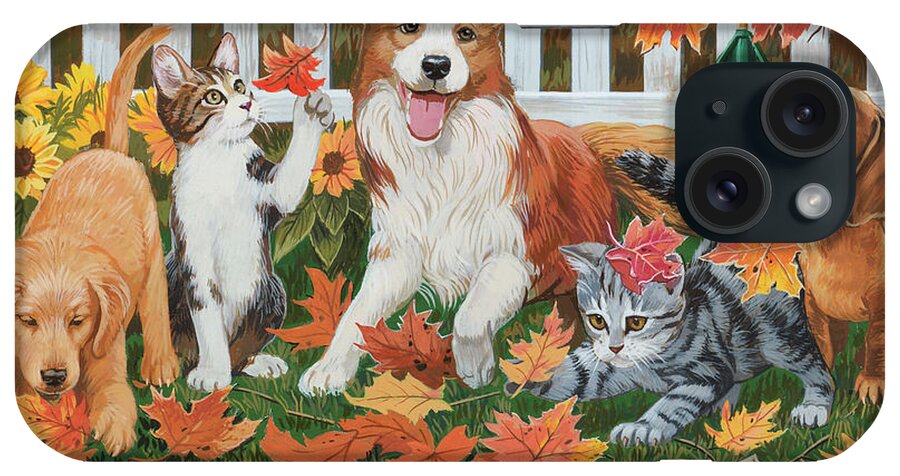 Puppies And Kittens - Autumn Theme iPhone Case featuring the painting Puppies And Kittens - Autumn Theme by William Vanderdasson