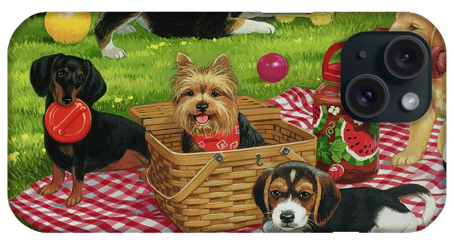 Puppies iPhone Case featuring the painting Puppy Picnic by William Vanderdasson