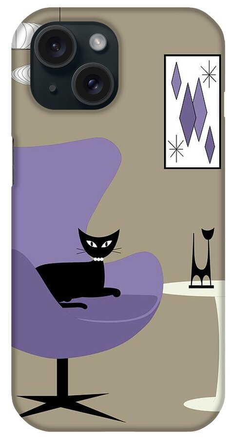 Mid Century Modern iPhone Case featuring the digital art Purple Egg Chair with Cats by Donna Mibus