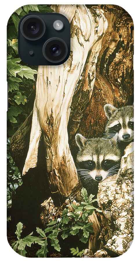 Two Raccoons Look Out From A Hollowed Out Tree Trunk. iPhone Case featuring the painting Raccoon Pair by Ron Parker