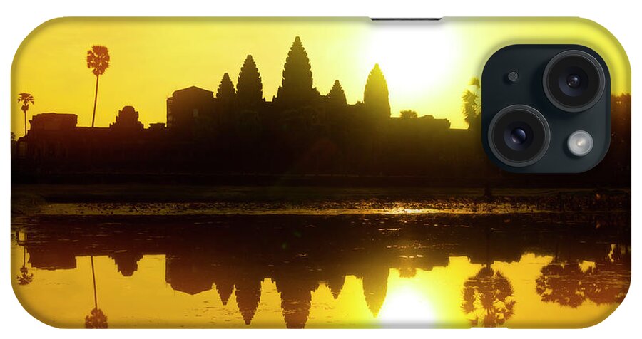 Cambodia; Asia; Asian; Travel; Tourist; Tourism; Vacation; Holiday; Southeast; Tropic; Tropical; Tropics; Jungle; Sunrise; Temple; Culture; Cultural; Ruin; Reflection; Tower; Angkor Wat iPhone Case featuring the photograph Radiant Angkor Wat by Peng Shi