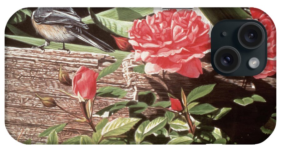A Bird Perched On Rail Fence With Red Roses Growing Next To It iPhone Case featuring the painting Rail Fence And Roses by Ron Parker