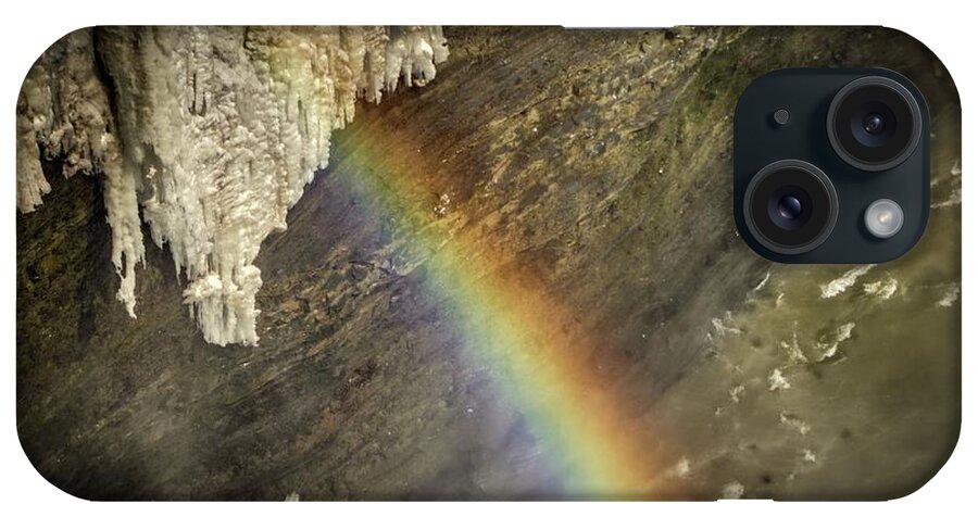 #letchworthstatepark #iloveny #exploring #thegreatoutdoors #waterfalls #waterfall #nature #photography #photographer #instagram #picoftheday #imageoftheday #photo #hdr #highdynamicrange #skylum #aurorahdr2019 #water #rainbow #nature #naturephotography #naturephotographer #winter #ice #cold #snow iPhone Case featuring the photograph Rainbow at Letchworth by Jim Lepard