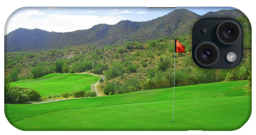 Image Picture Photo Photograph Arizona Phoenix Valley Of The Sun Cave Creek Golf Club Rancho Manana Pin Flag Mountains Green Fairway Grass Green Desert Cactus Saguaro Sage Brush Wash East Views Shot Picture For Sale Fine Art Arts Image Par 4th Hole Fourth Par Four 4 Uphill High Desert Pin Flag Black Yellow Dogleg Right Print Prints Panorama We-ko-pa Cholla 36 Holes Saguaro Dogleg Right Uphilll iPhone Case featuring the photograph Rancho Manana Golf Club - Hole #4 by Scott Carda