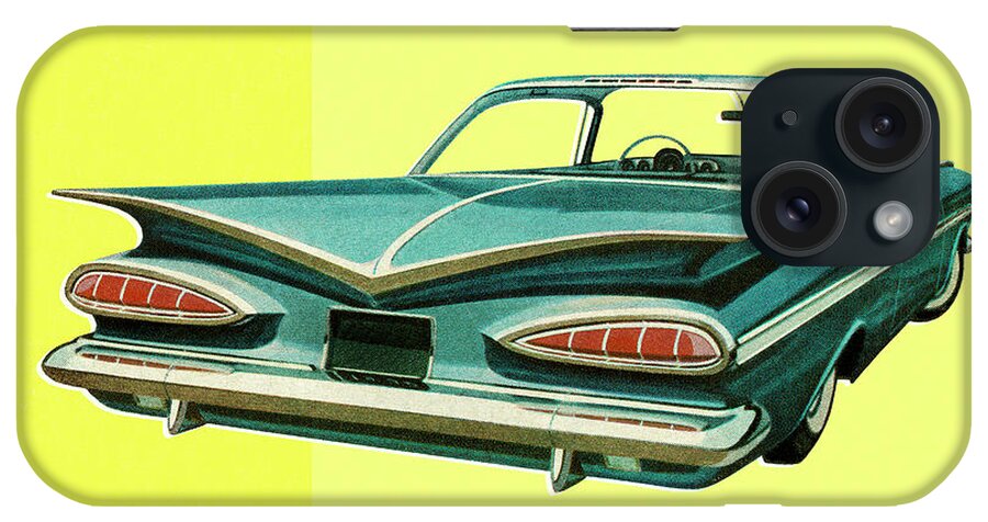 Auto iPhone Case featuring the drawing Rear View of Vintage Blue Car by CSA Images