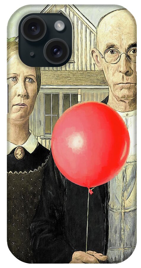 Balloon iPhone Case featuring the digital art Red Balloon Does American Gothic by John Haldane