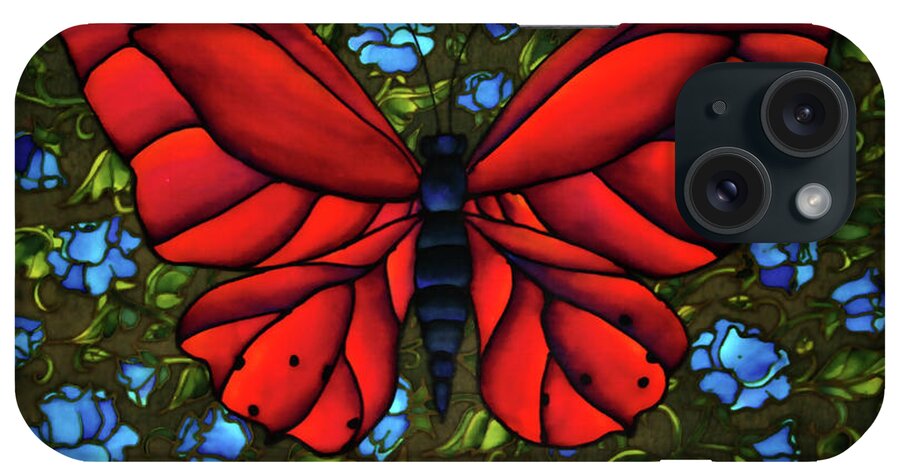 Red On Blue Butterfly iPhone Case featuring the painting Red On Blue Butterfly by Holly Carr
