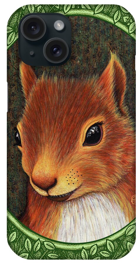 Animal Portrait iPhone Case featuring the painting Red Squirrel Portrait - Green Border by Amy E Fraser