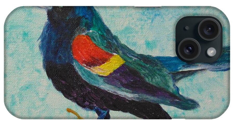 Red iPhone Case featuring the painting Redwinged Blackbird by Saundra Johnson