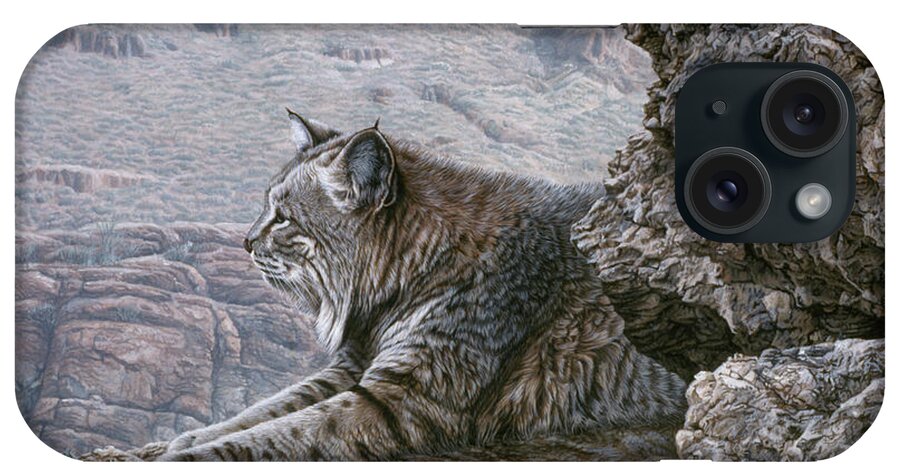 A Bobcat Rests On A Mountain Face. iPhone Case featuring the painting Resting Bobcat by Ron Parker