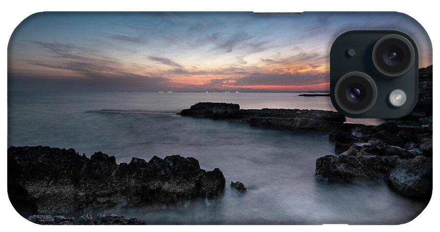 Seascape iPhone Case featuring the photograph Rocky Seascape with dramatic beautiful sunset by Michalakis Ppalis