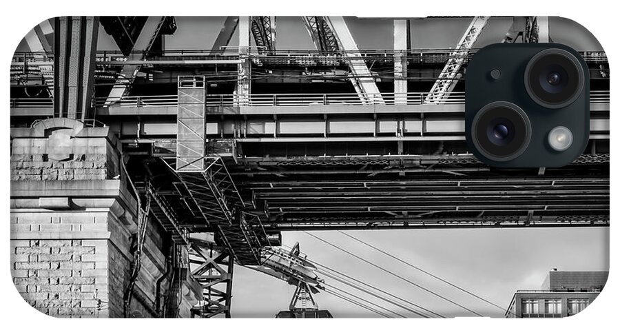 Roosevelt Island Tram iPhone Case featuring the photograph Roosevelt Tram Underneath The 59 St Bridge BW by Susan Candelario