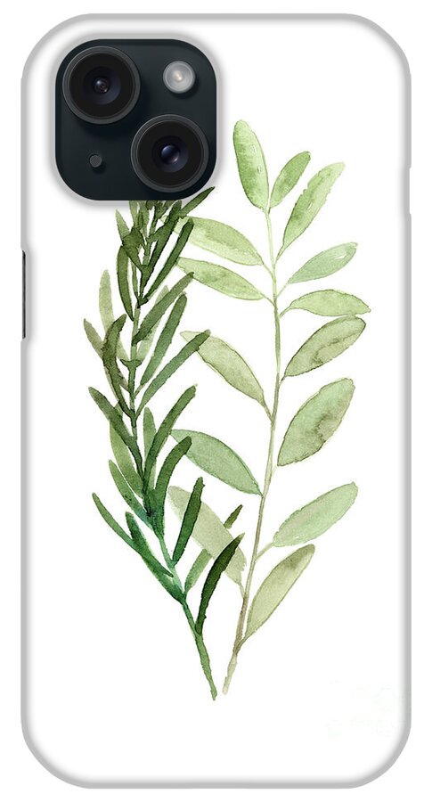 Rosemary Olive Sprigs Painting iPhone Case featuring the painting Rosemary Olive Sprigs Painting, Rosemary Olive Home Decor, Olive Wall Decor, Rosemary Wall Poster by Joanna Szmerdt