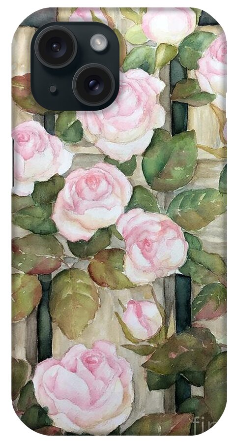 Floral iPhone Case featuring the painting Garden roses on fence by Inese Poga