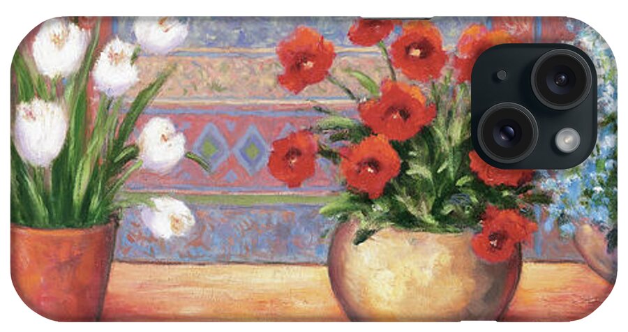 Five Flower Pots On A Table Top iPhone Case featuring the painting Row Of Flower Pots - B by Debra Lake