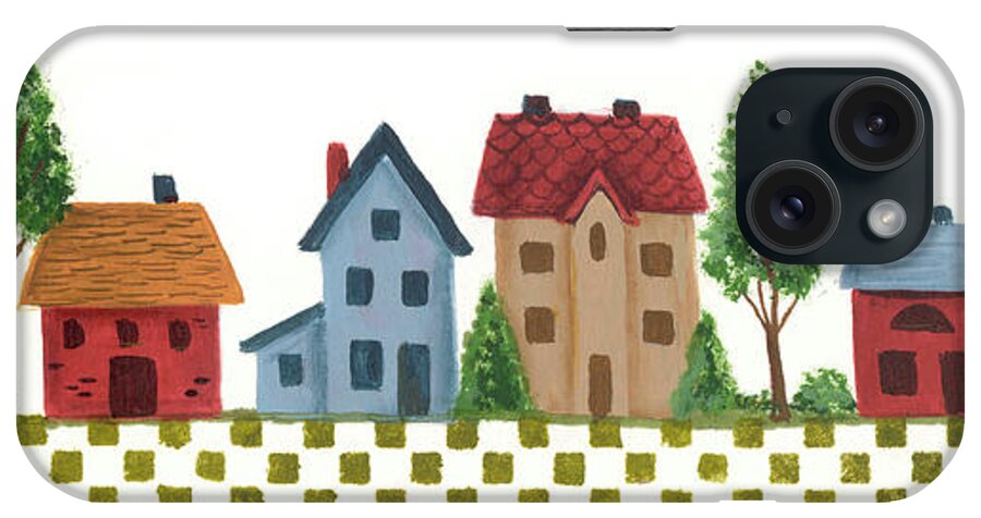 Row Of Houses With Trees And Checkerboard Border iPhone Case featuring the painting Row Of Houses On The Street by Beverly Johnston
