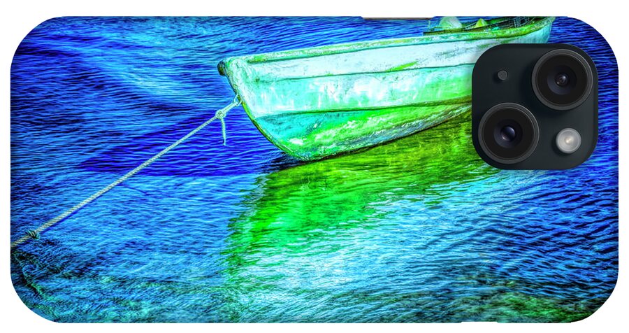 Boats iPhone Case featuring the photograph Rowboat in Vivid Blues by Debra and Dave Vanderlaan