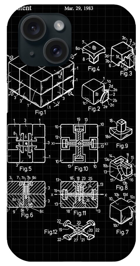 Rubik's Cube iPhone Case featuring the digital art Rubik's Cube Patent 1983 - Black and White by Marianna Mills