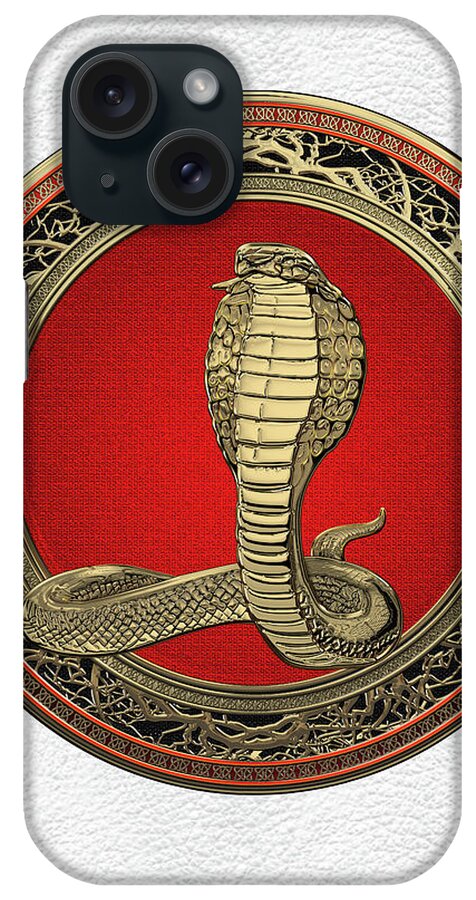 'beasts Creatures And Critters' Collection By Serge Averbukh iPhone Case featuring the digital art Sacred Gold King Cobra on White Leather by Serge Averbukh