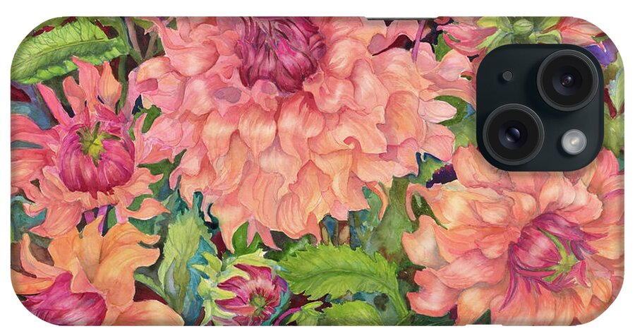 Pink/peach Dahlias iPhone Case featuring the painting Sahara Glow Dahlia by Joanne Porter