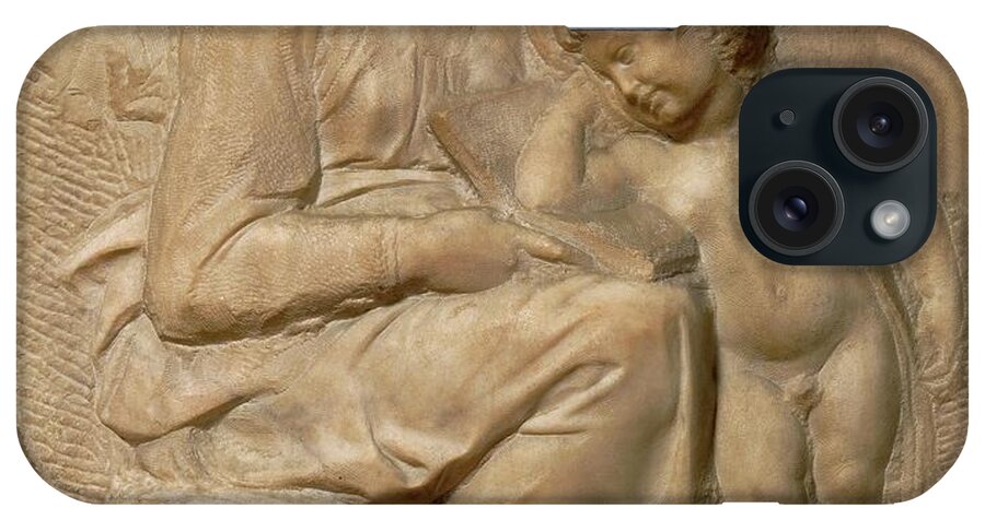 John The Baptist iPhone Case featuring the painting Saint Mary and child with young Saint John Baptist, andquot, Tondo Pittiandquot,,1503. Marble,Inv.93 by Michelangelo -1475-1564-