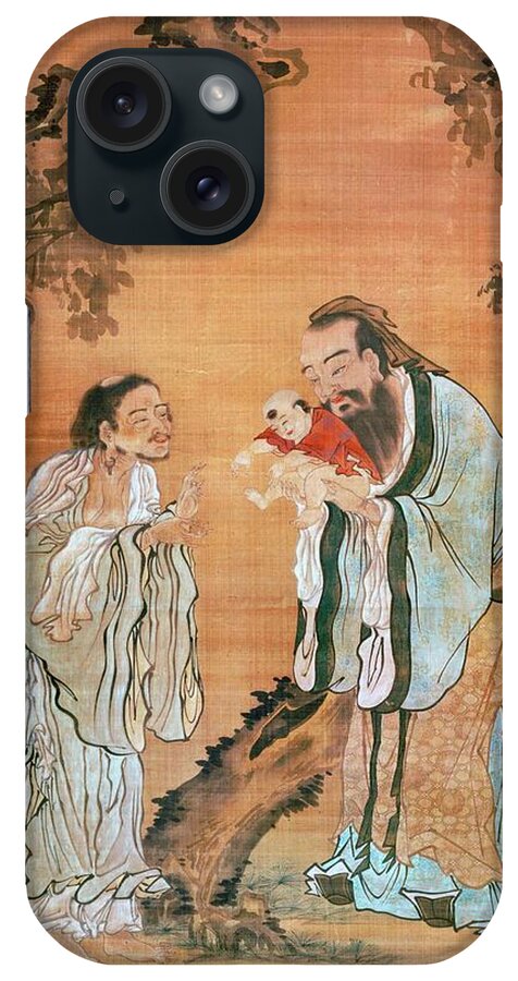 Confucio iPhone Case featuring the painting Sakgamuni, Confucius and Lao Tzu, Chinese painting on silk, 18th century. CONFUCIO. by Album