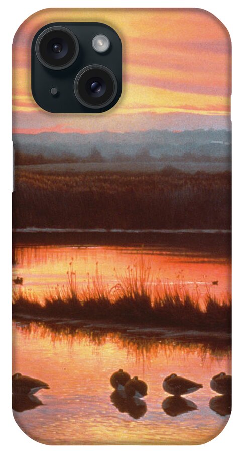 Geese At Sunset Next To The Water iPhone Case featuring the painting Sanctuary by Michael Budden