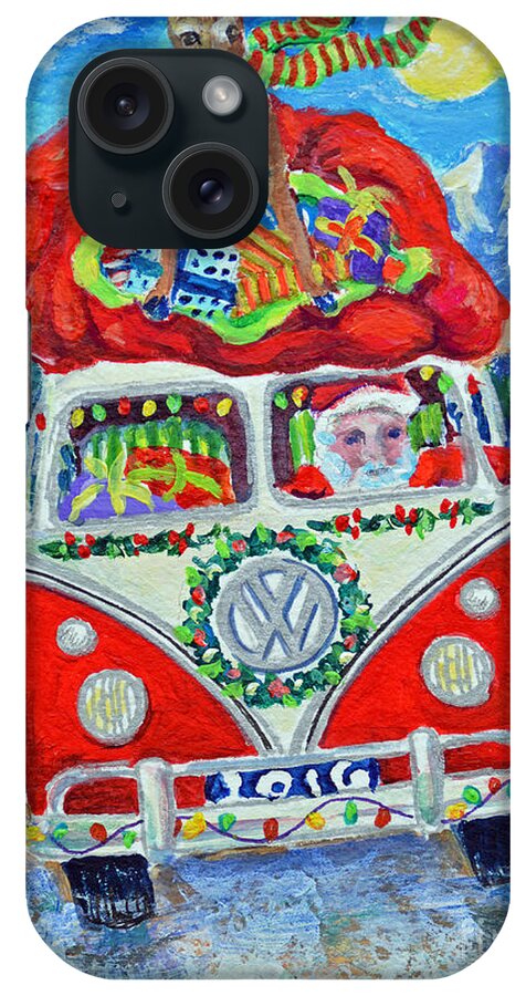 Volkswagen Van Vans Santa Deer Reindeer Christmas Xmas Holiday Mountains iPhone Case featuring the painting Santa Stole My Van by Li Newton