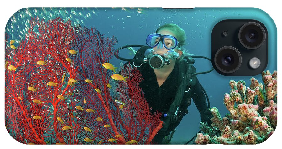 Underwater iPhone Case featuring the photograph Scuba Diver Admires Fish And Red Fan by Rainervonbrandis