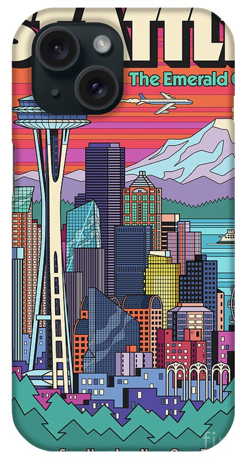 Travel Poster iPhone Case featuring the digital art Seattle Poster - Pop Art Skyline by Jim Zahniser