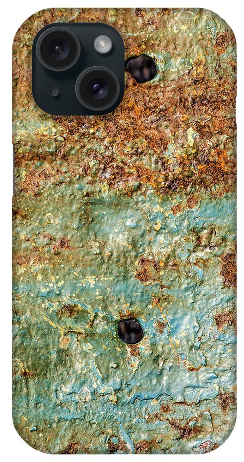 Abstract iPhone Case featuring the photograph Ship's hull with peeling blue paint, rust and holes by Frans Blok