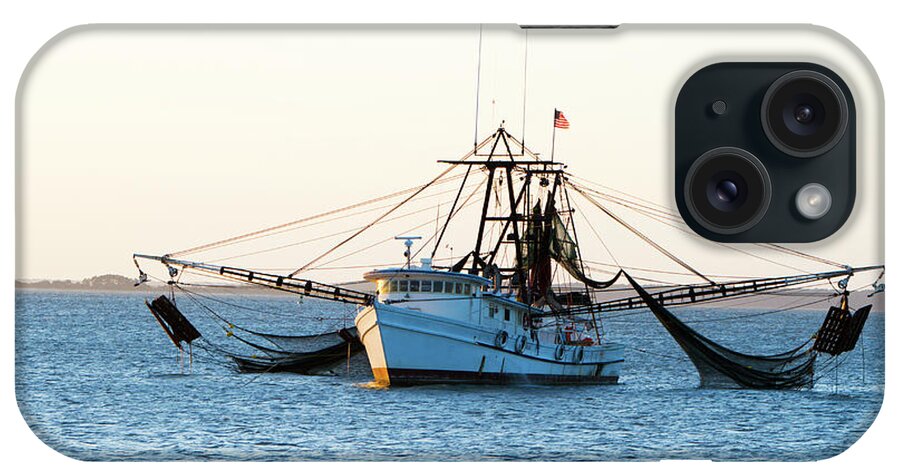 Water's Edge iPhone Case featuring the photograph Shrimp Fishing Boat With Nets Out by Tshortell