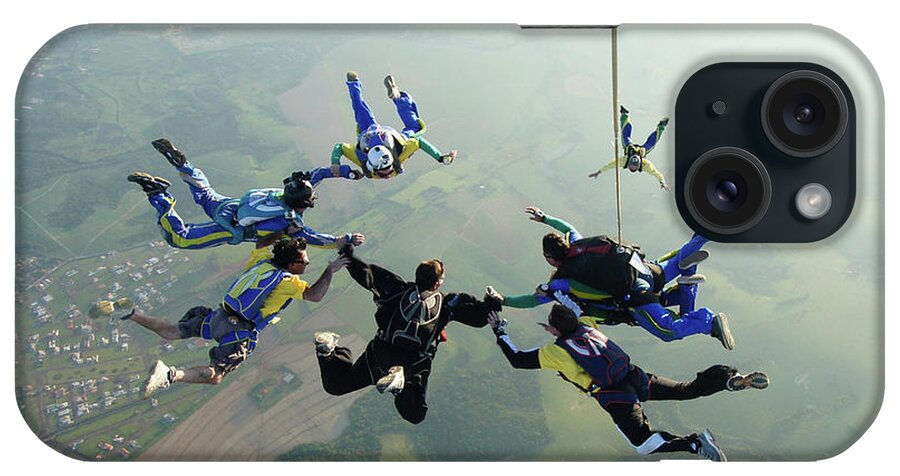 Parachuting iPhone Case featuring the photograph Skydiving Tandem Formation Group by Graiki