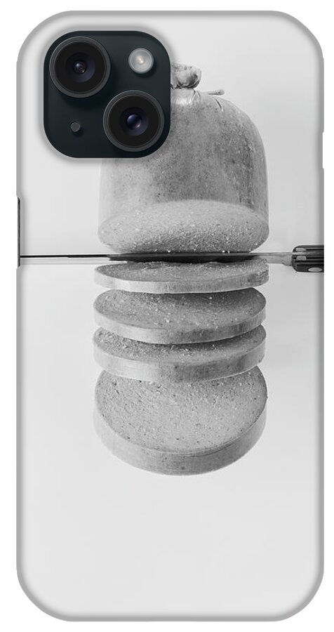 White Background iPhone Case featuring the photograph Slices Of Sausage With Knife, Close-up by Tom Kelley Archive