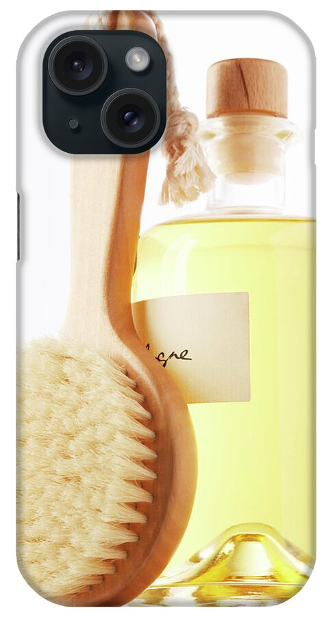 White Background iPhone Case featuring the photograph Small Bath Brush Leaning Against Jar Of by Martin Poole